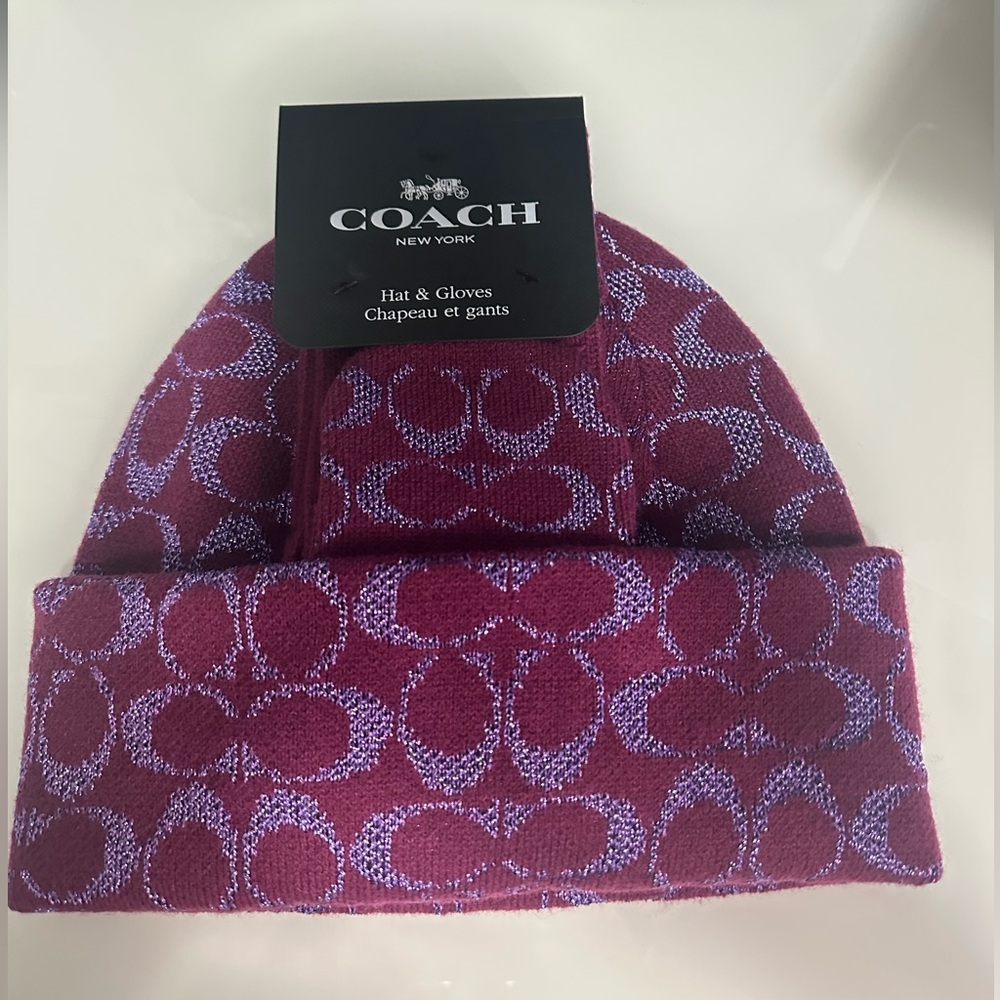Coach Burgundy and Lavender Hat and Gloves Set